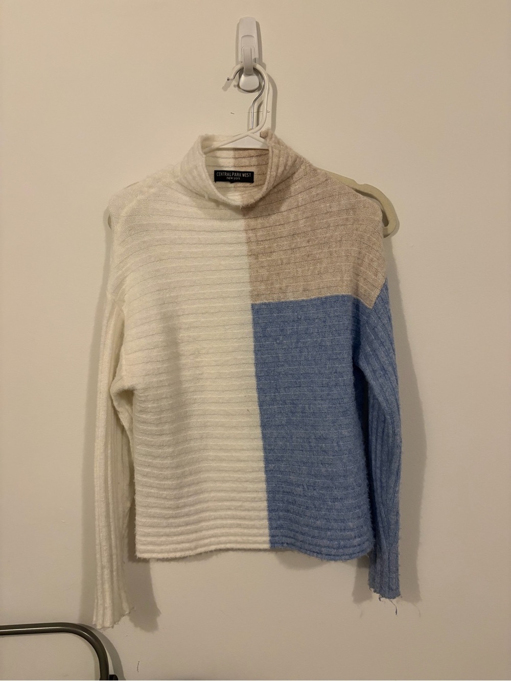 Central Park West Cream, Beige & Blue Blocked Turtleneck Sweater